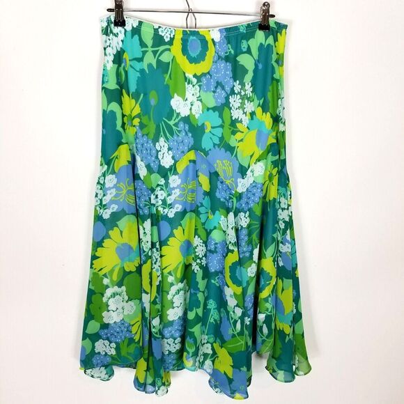 Vibrant Floral Midi Skirt in Green and Blue - Picture 1 of 6